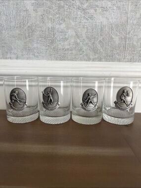 HTF Vintage FORT Tennis Player Pewter Medallion Glass Tumblers- Full Set 4